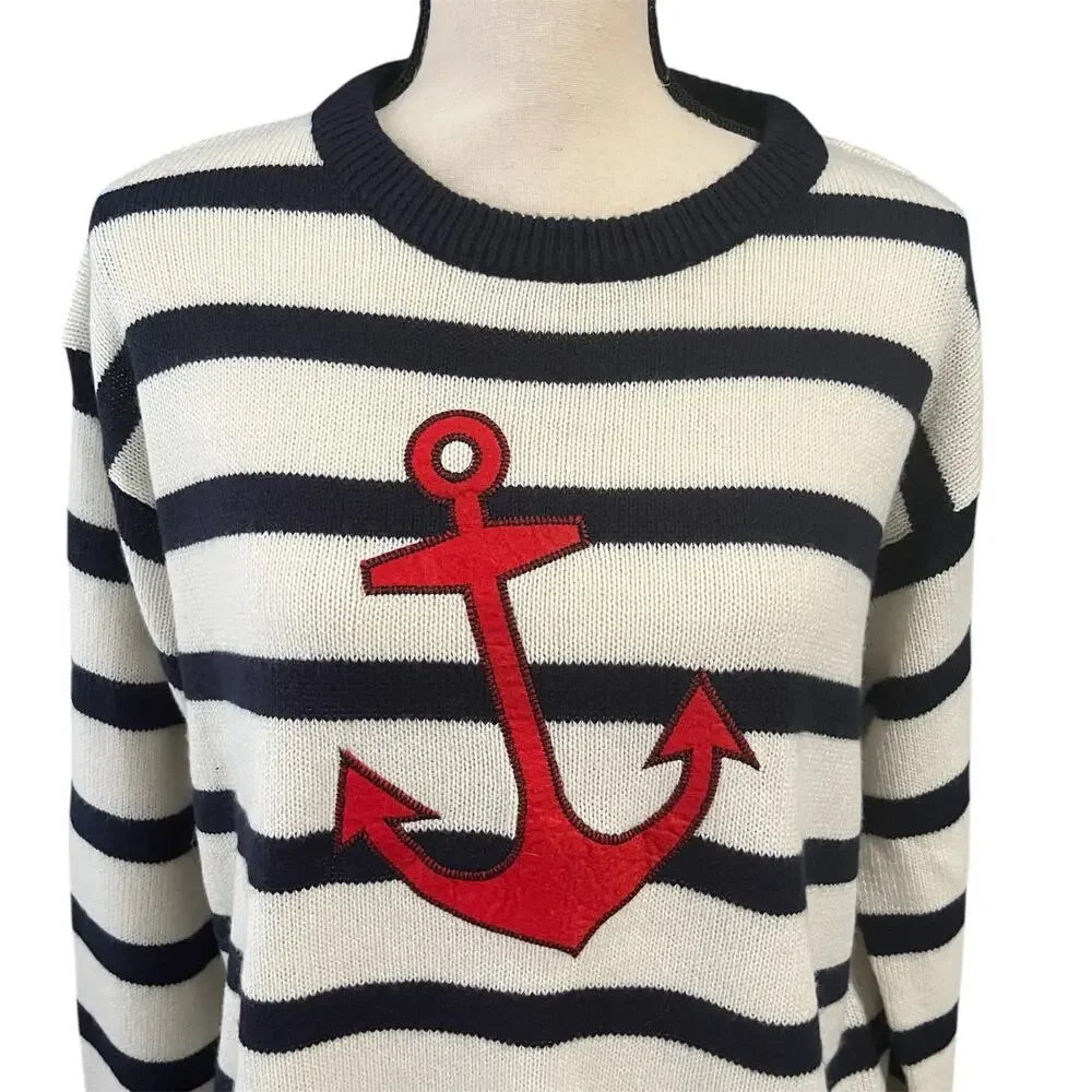 Brave Soul Women's Cream Navy Stripe Anchor Pirate Soft Crewneck Sweater Sz 16